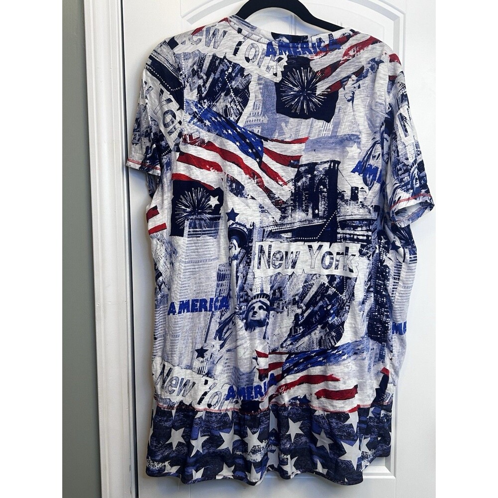 Unique Woman 2X Patriotic Stars Graphic Tunic T-Shirt V-Neck Rhinestone Button - Picture 13 of 16